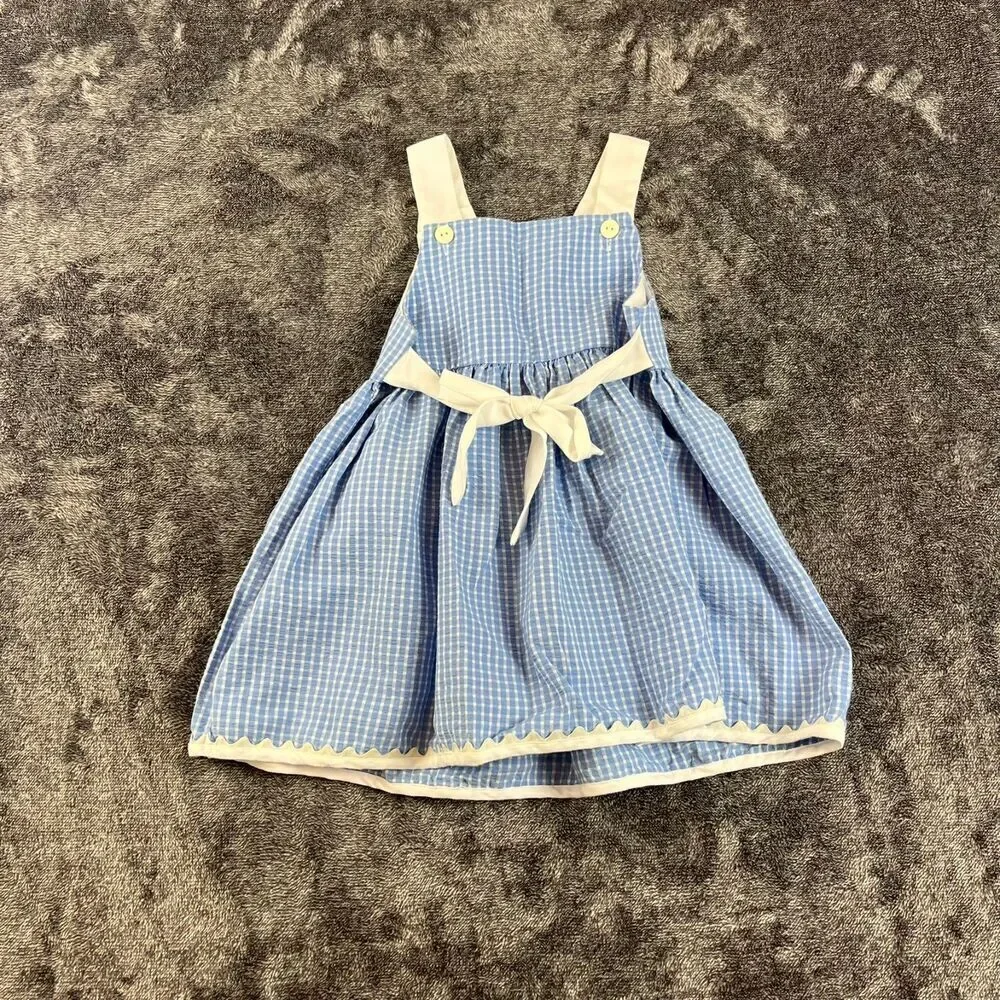 Vtg Little Bitty Gingham Blue Floral Embroidered Dress Sleeveless Girl 4 Tie